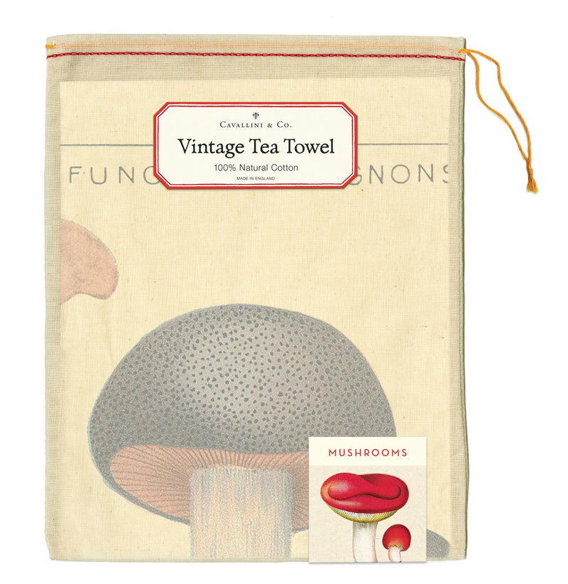 Cavallini - 100% Natural Cotton Vintage Tea Towel - 80 x 47cms - Mushrooms/Fungi/Champignons