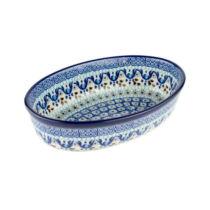 Oval Dish - Blue Squares & Flowers - 13x20.5x6cms - 0351-1026X - Polish Pottery