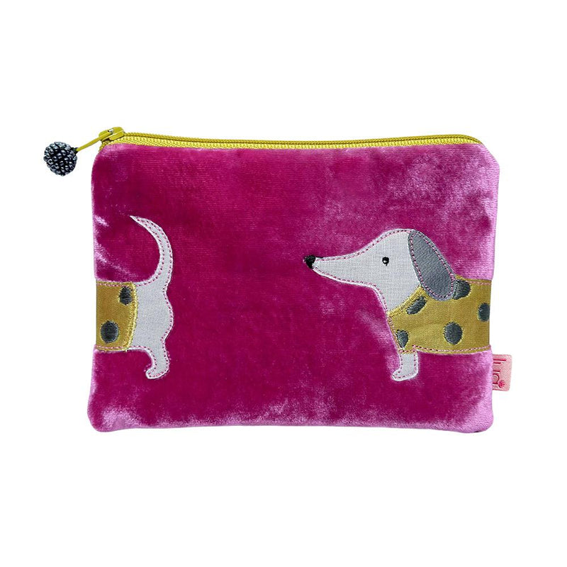 Lua - Velvet Coin Purse - Sausage Dog - Appliqued - 11 x 16cms - Pink/Yellow Dog