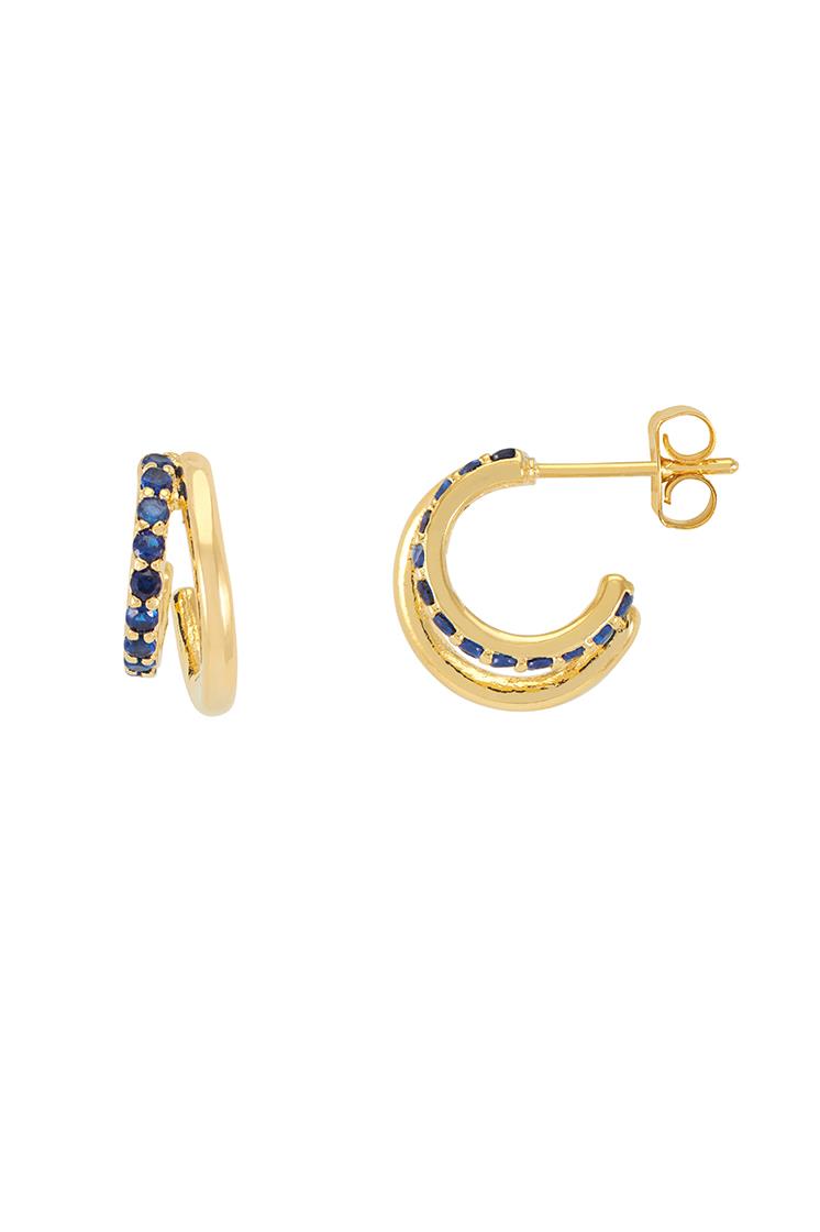 Double Illusion Navy Blue Cubic Zirconia Curl Hoop Earrings - Gold Plated - Estella Bartlett