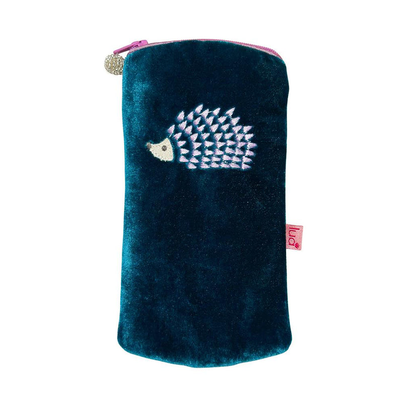 Lua - Velvet Spectacle/Glasses Case - Embroidered Hedgehog - 9.5 x 19.5cms - Dark Turquoise & Lilac