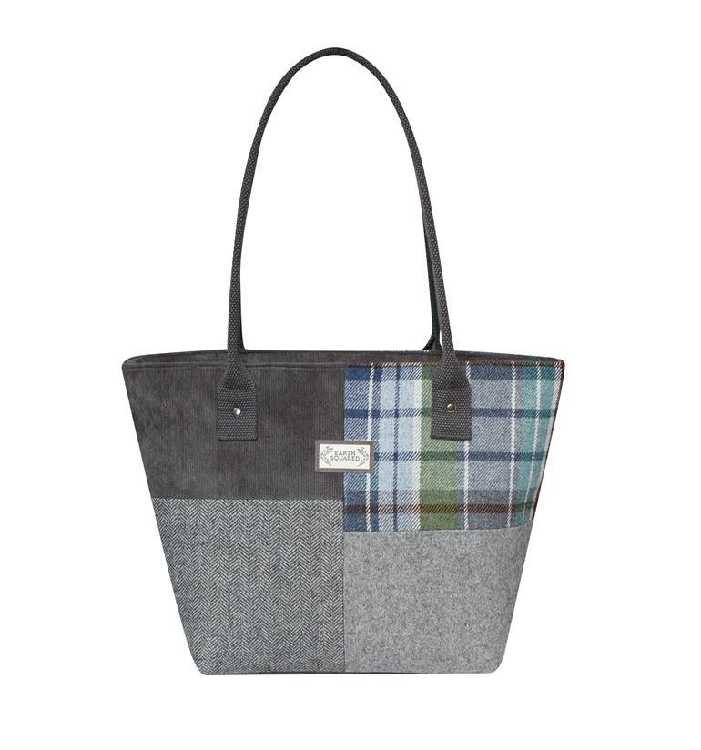 Earth Squared - Patchwork Tote Shoulder Bag - Harbour Tweed Wool - Grey/Blue/Green - 38x25x14cm