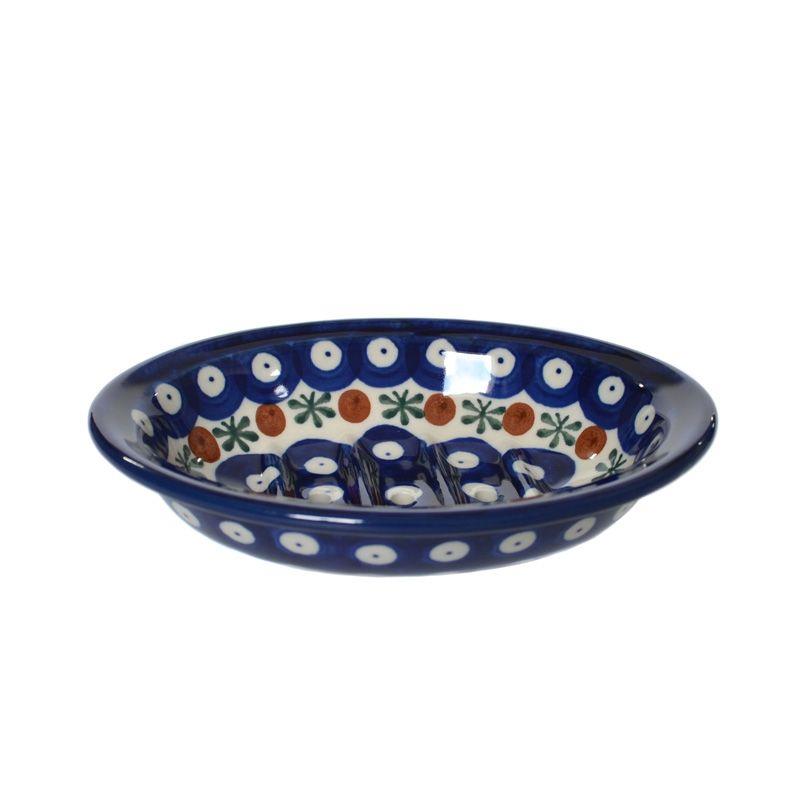 Soap Dish With Holes - Flower Tendril/Blue With Red & White Spots - 0879-0070X - Polish Pottery