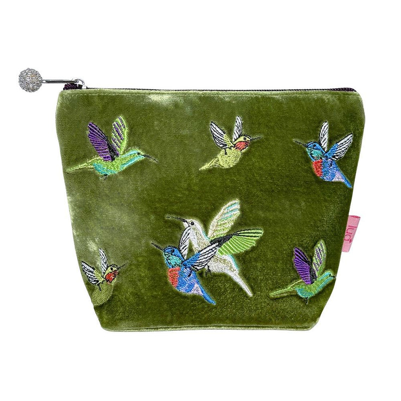 Lua - Velvet Cosmetic Make Up Bag/Purse - Hummingbirds - 18 x 14cms - Olive Green