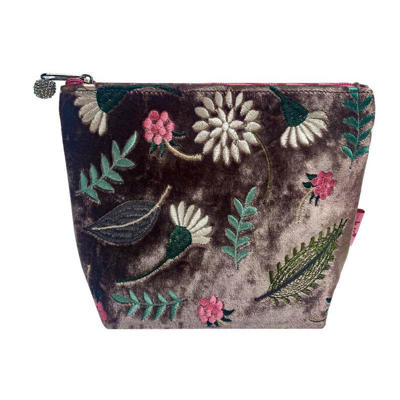 Lua - Velvet Cosmetic Make Up Bag/Purse - Folk Garden - 18 x 14cms - Mink Brown