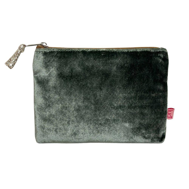 Lua - Velvet Coin Purse - 11 x 16cms - Dark Sage Green/Brown Zip