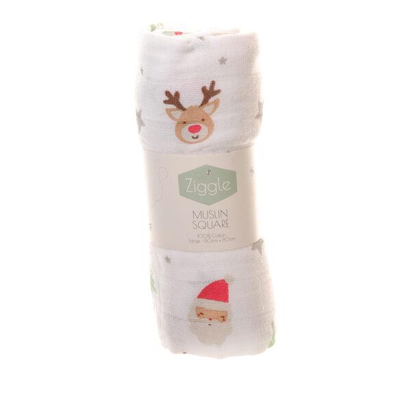 Large Single Muslin - Christmas Puddings/Trees/Rudolf/Santa - 80x80cms - Suitable From Birth - Ziggle