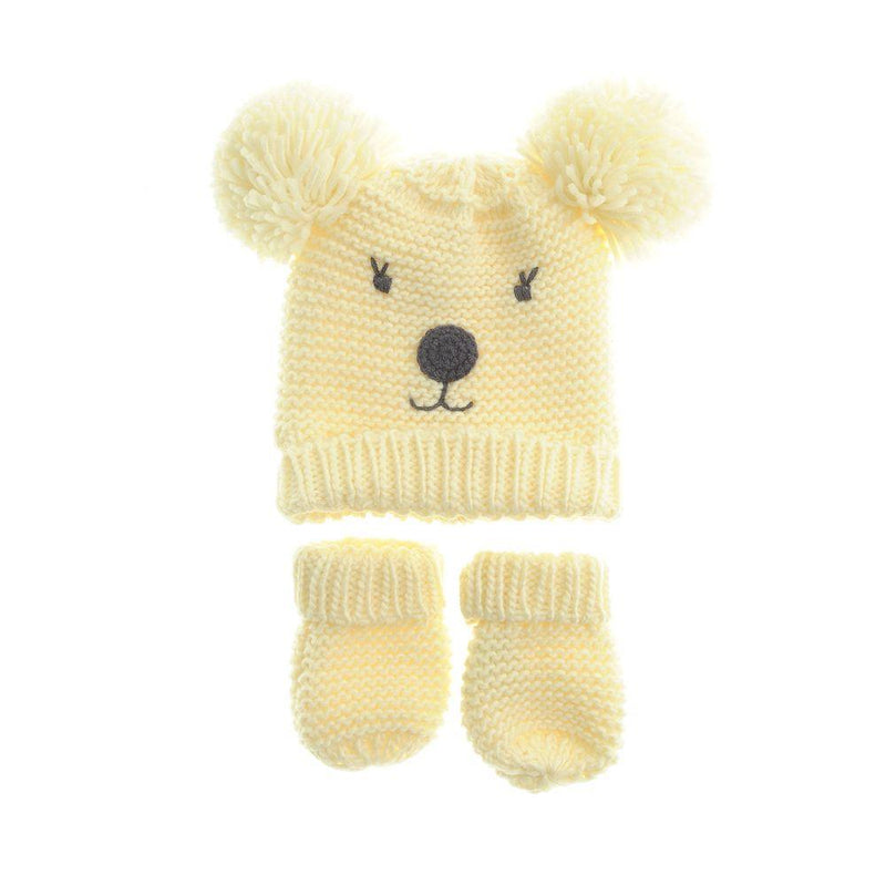 Baby Hat & Mittens Set - Cream Bear - 0-12 Months - Ziggle