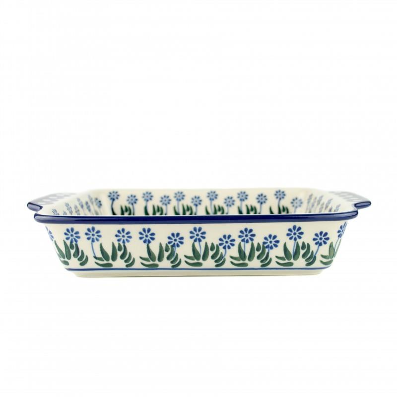 Oven Dish With Handles - Daisies & Blue Spots - 16.5 x 21 x 5cms - A39-0377EX - Polish Pottery