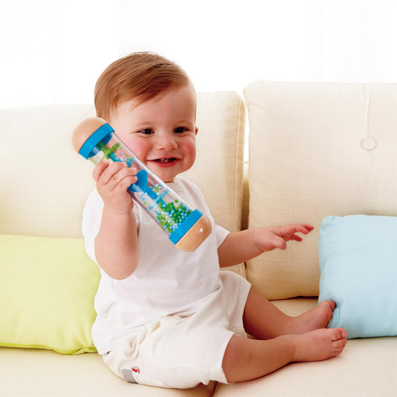 Hape - Beaded Raindrops - Mini Wooden Musical Shake & Rattle Rainmaker Toy - Blue & Green - 0 months