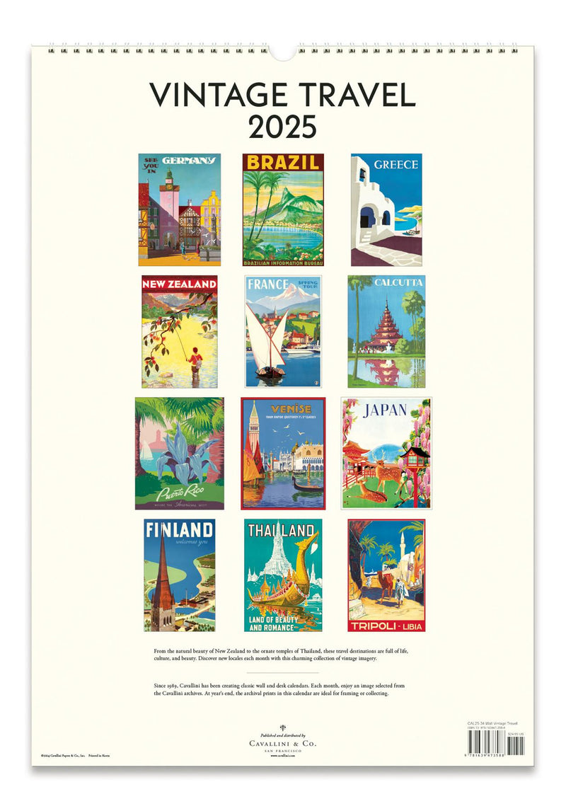 Cavallini - 2025 Wall Calendar - 13 x 19ins - Vintage Travel