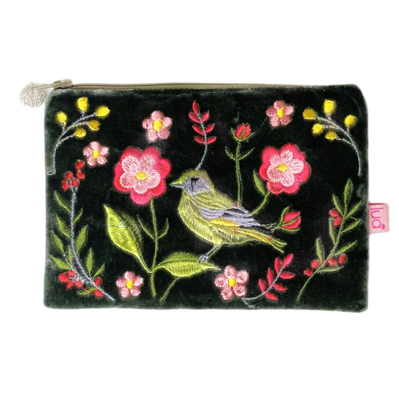 Lua - Velvet Coin Purse - Greenfinch Bird & Flowers - 11 x 16cms - Dark Sage Green