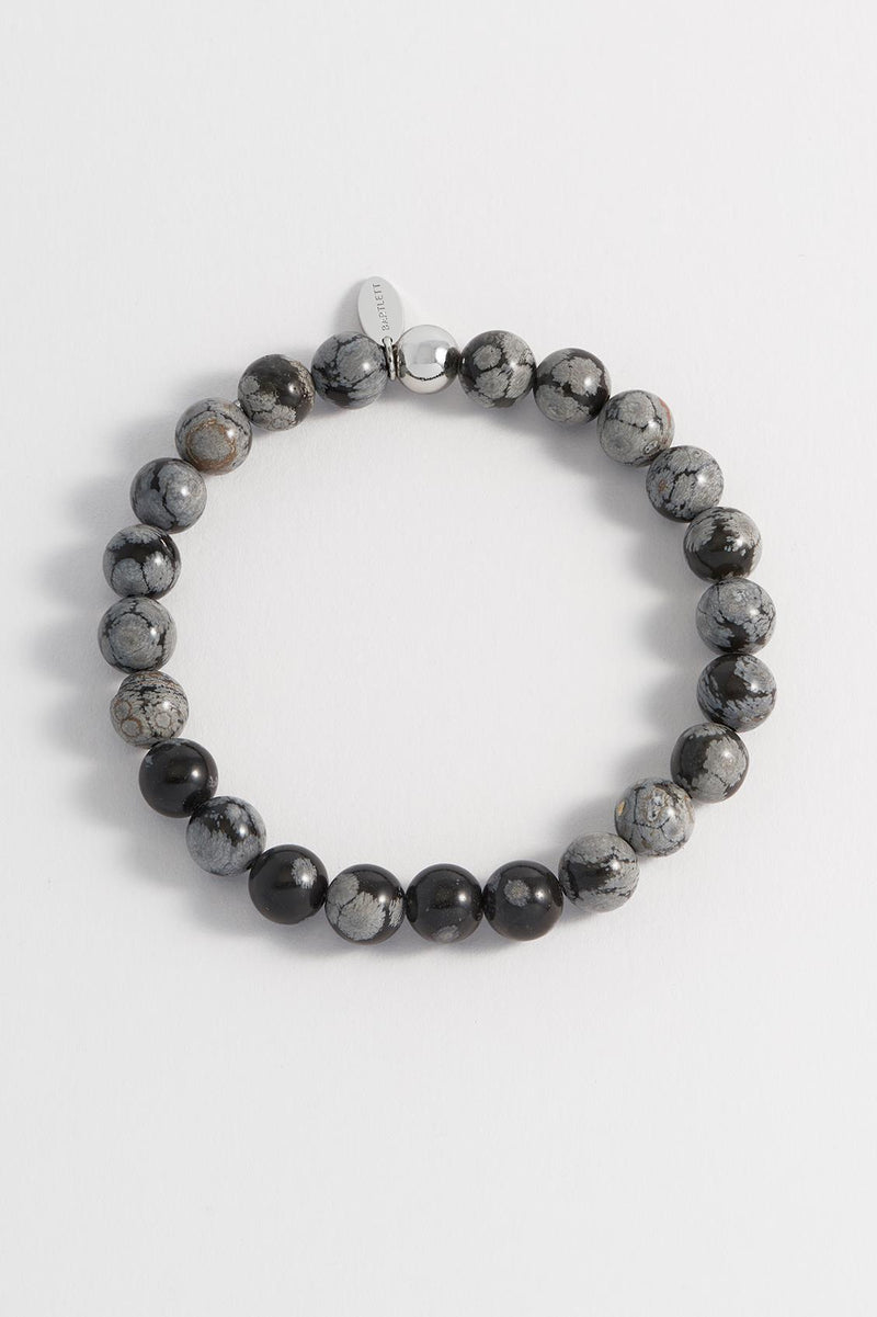 Snowflake Obsidian Gemstone(6mm) & Stainless Steel Beaded Bracelet - Gift Boxed - Bartlett For Men