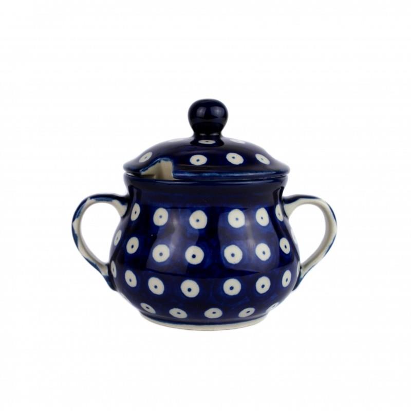 Sugar Bowl With Lid - Blue Eyes/Blue With White Spots - 9x12x8.5cms - 0035-0070AX - Polish Pottery
