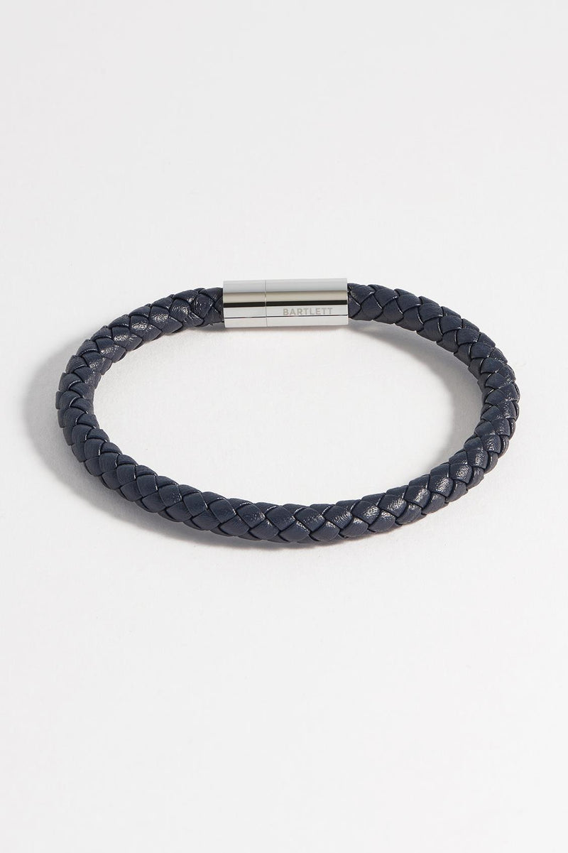 Plaited Leather & Stainless Steel Bracelet - Navy Blue - Gift Boxed - Bartlett For Men