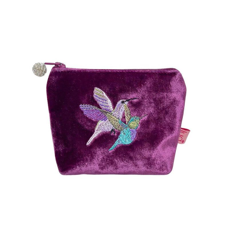 Lua - Velvet Mini Coin Purse  9 x 11cms - Hummingbirds - Plum/Magenta/Purple