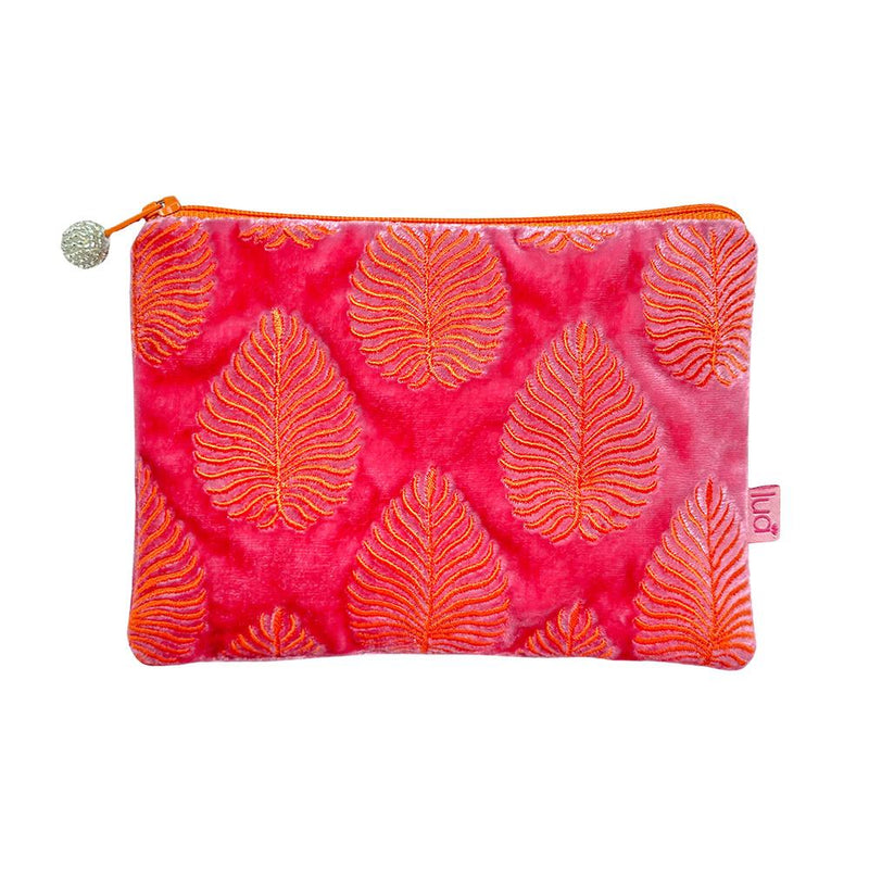 Lua - Velvet Coin Purse - Embroidered Leaf - 11 x 16cms - Flamingo Pink/Orange Leaves