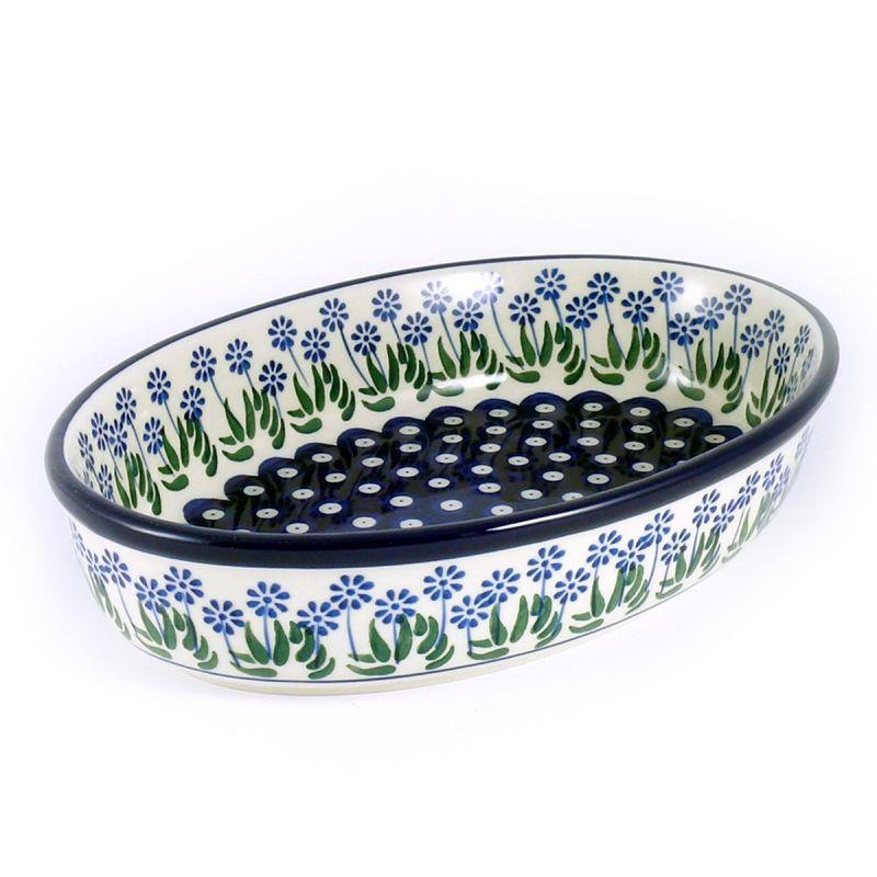 Oval Dish - Daisies & Blue Spots - 27x19.5x6cms - 0298-0377EX - Polish Pottery
