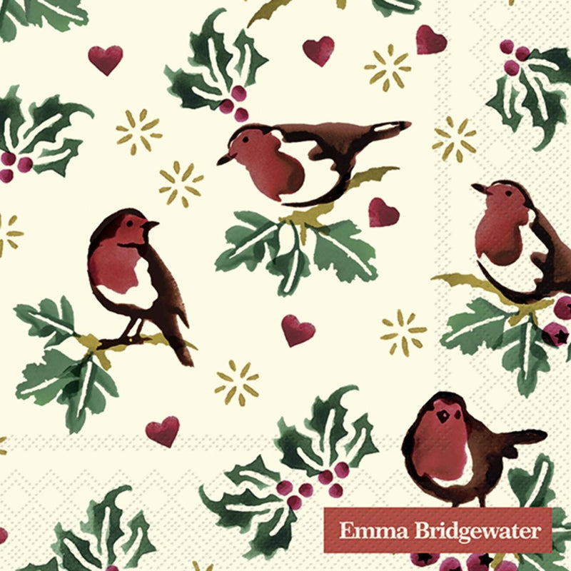 Emma Bridgewater - 20 x Cocktail Napkins/Serviettes - 25 x 25cms - Little Christmas Robin