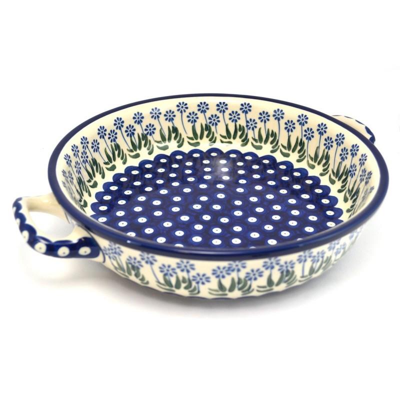 Round Oven Dish With Handles - Daisies & Blue Spots - 26cms - 0420-0377EX - Polish Pottery