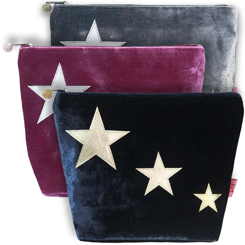 Lua - Large Velvet Cosmetic Bag/Purse With Appliqued Stars 19 x 23cms - 3 Colour Options