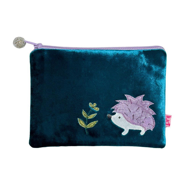 Lua - Velvet Coin Purse - Appliqued Hedgehog - 11 x 16cms - Dark Turquoise Blue/Lilac Zip