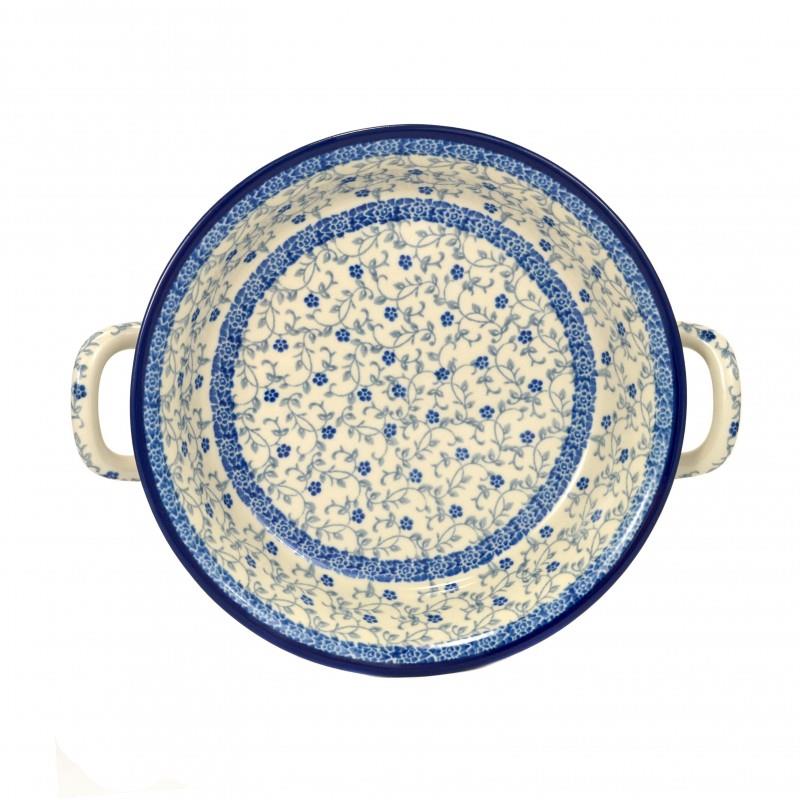 Round Oven Dish With Handles - Tiny Blue Flowers - 21.5cms - 0419-1952X - Polish Pottery