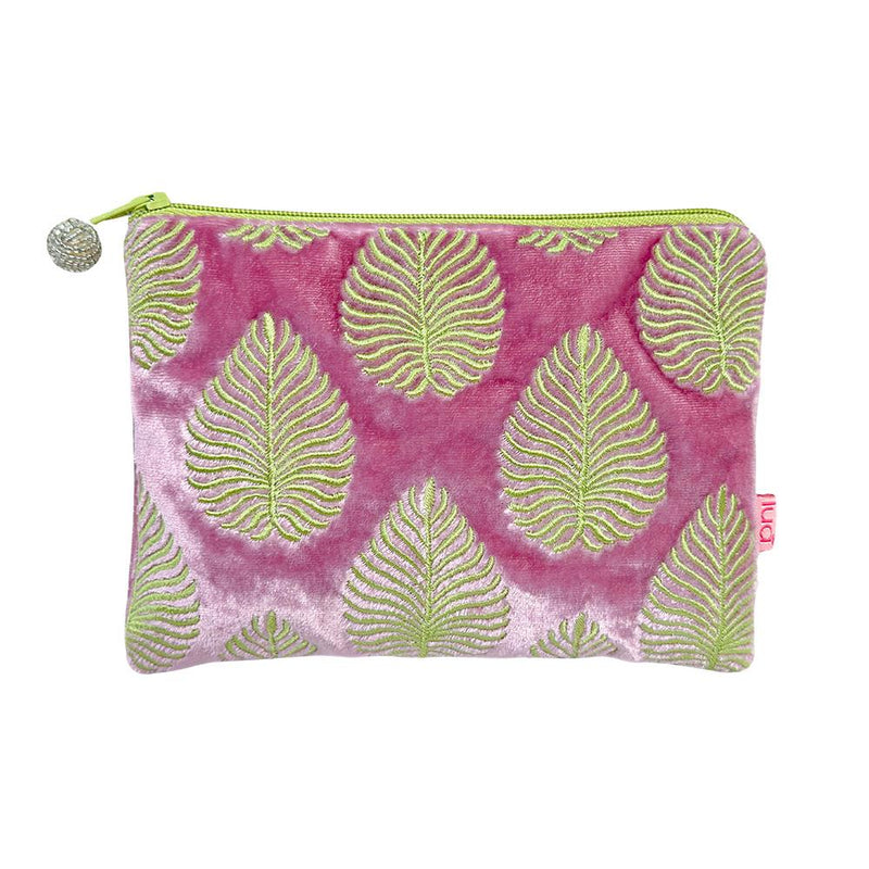 Lua - Velvet Coin Purse - Embroidered Leaf - 11 x 16cms - Lilac Pink/Green Leaves