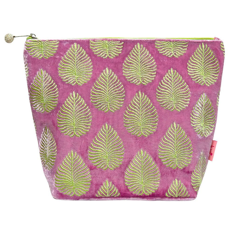 Lua - Large Velvet Cosmetic Make Up Bag/Purse - Embroidered Leaf - 19 x 24cms - Lilac Pink/Green Leaves