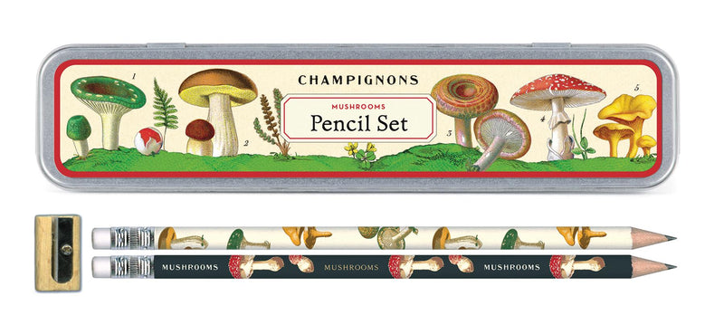 Cavallini - Tin of Pencils - Mushrooms/Funghi/Champignons - 10 Pencils/2 Designs, & Sharpener