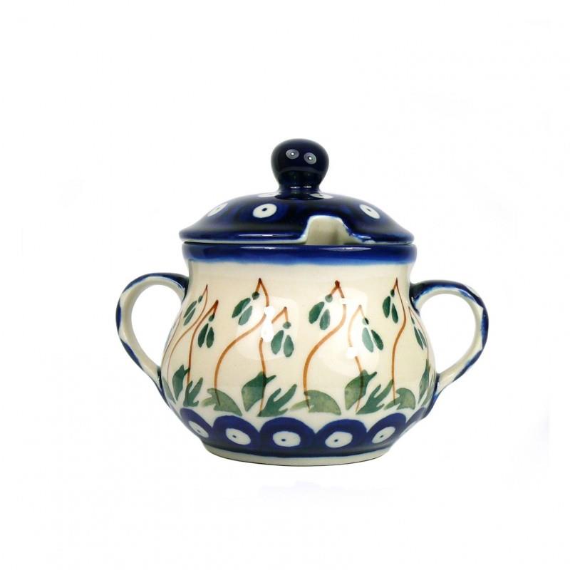 Sugar Bowl With Lid - Blue Dots With Green Mistletoe - 9x12x8.5cms - 0035-0070AX - Polish Pottery