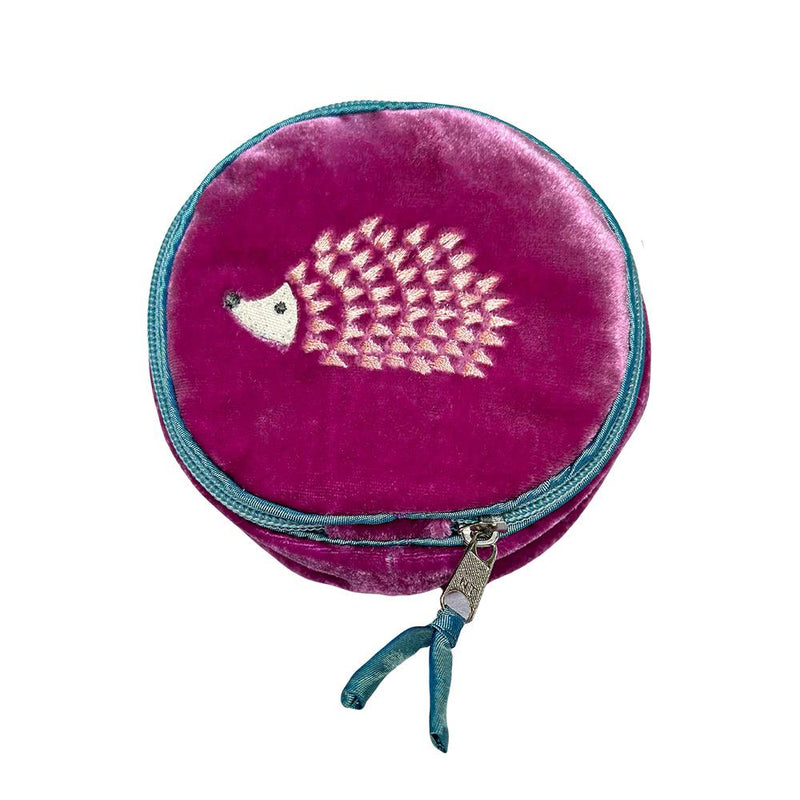 Lua - Round Velvet Jewellery Pouch - Hedgehog - Mulberry & Light Pink - 11x11x5.5cms