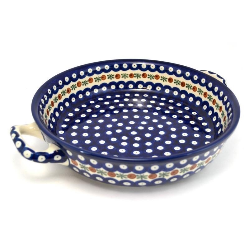 Round Oven Dish With Handles - Flower Tendril/Blue With Red & White Spots - 26cms - 0420-0070X - Polish Pottery