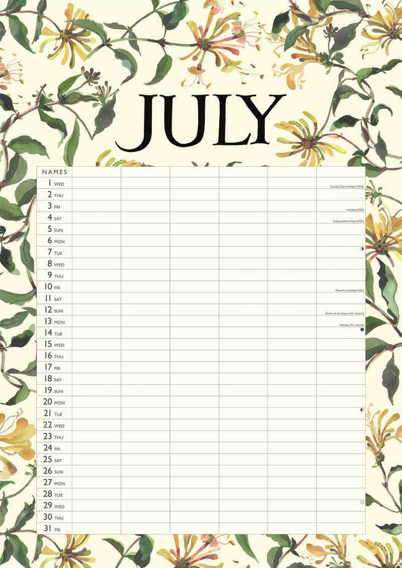 Emma Bridgewater - 2026 Family Wall Calendar - Month To View/6 Columns - Garden Flowers