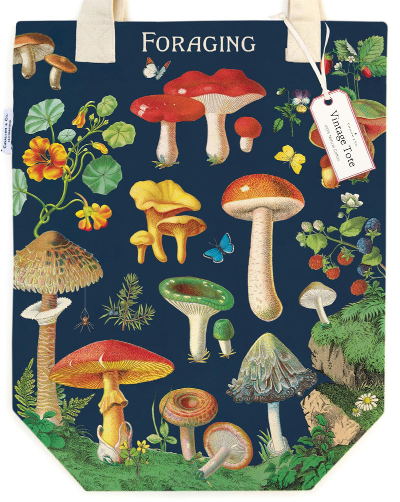 Cavallini - 100% Natural Cotton Vintage Tote Bag - 33x40.5cms - Foraging Plants & Mushrooms
