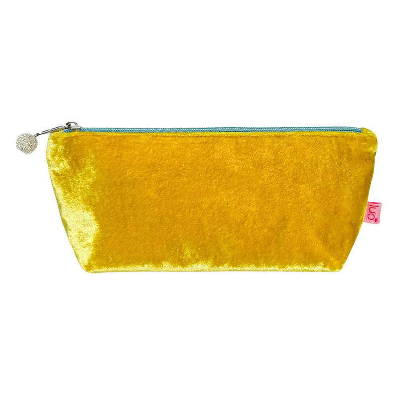 Lua - Velvet Slim Cosmetic Purse/Pencil Case 22 x 10cms - Mustard Yellow/Turquoise Zip