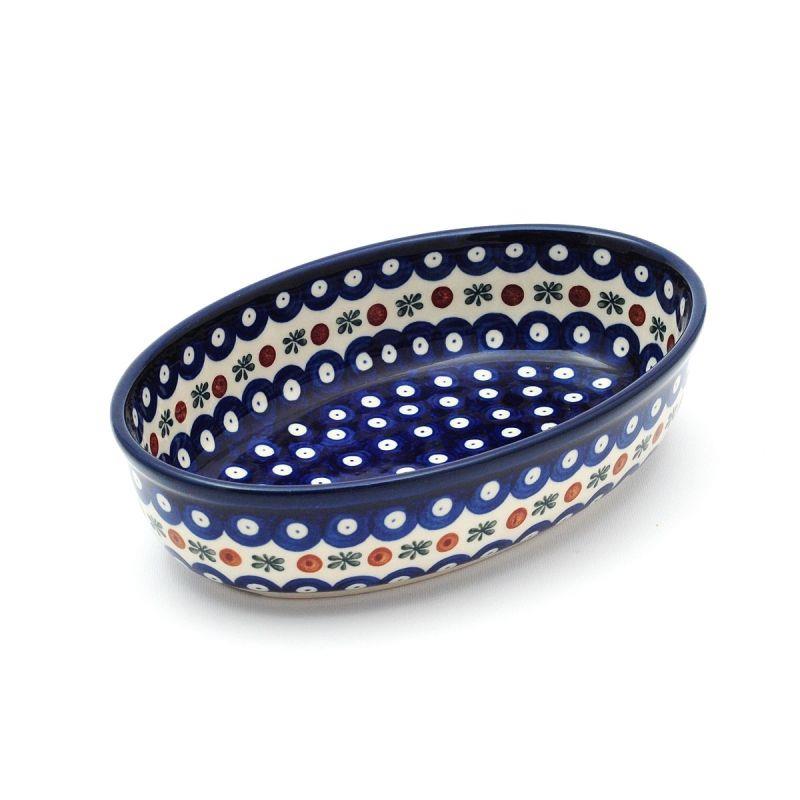 Oval Dish - Flower Tendril/Blue With Red & White Spots - 16 x 24 x 6cms - 0299-0070X - Polish Pottery