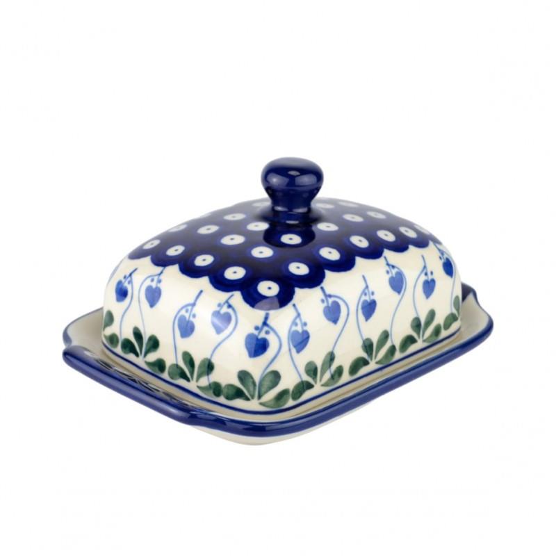 Butter Dish - Blue Dots With Flower Buds - 0295-0377OX - 9 x 17 x 13cms - Polish Pottery