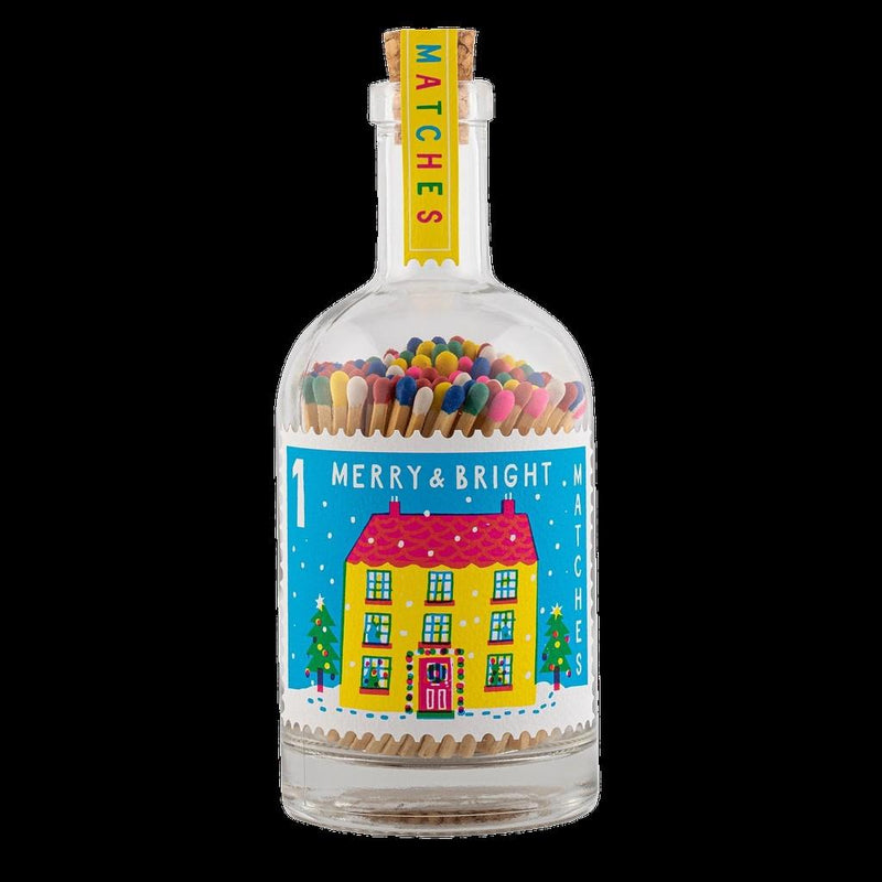 Merry & Bright Stamp - Multicoloured - (GB118) - Glass Bottle - 150 Luxury Safety Matches - Archivist