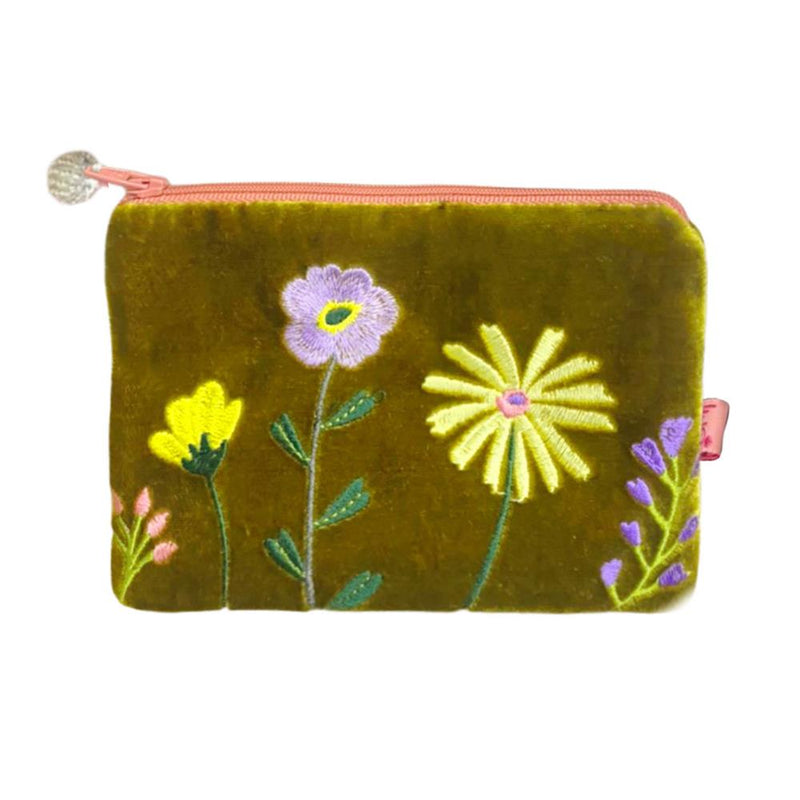 Lua - Velvet Coin Purse - Embroidered Wildflowers - 11 x 16cms - Golden Yellow/Pink Zip