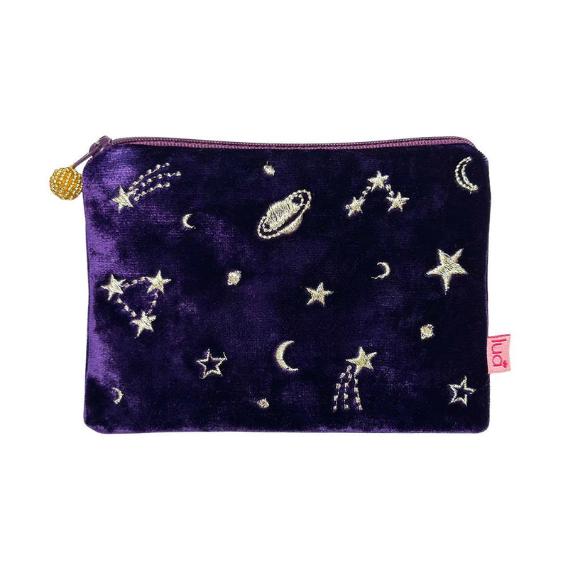 Lua - Velvet Coin Purse - Embroidered Moon & Stars - 11 x 16cms - Purple/Gold