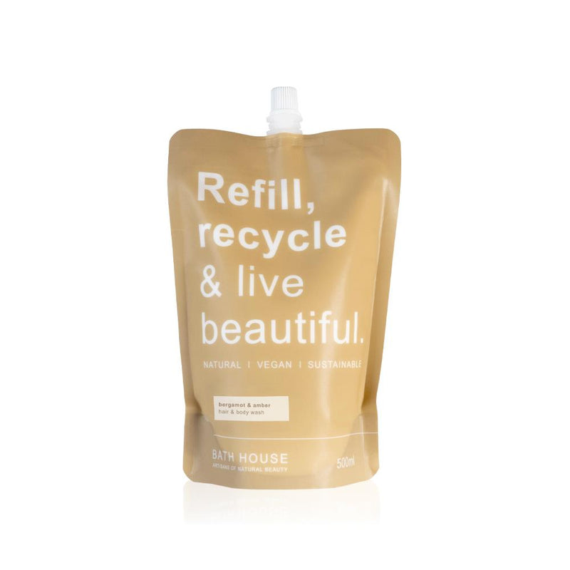 Bath House - Bergamot & Amber Refill Pouch - Cleansing Hair & Body Wash 500ml