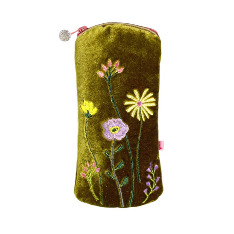 Lua - Velvet Spectacle/Glasses Case - Embroidered Wildflowers - 9.5 x 19cms - Golden Yellow/Pink Zip