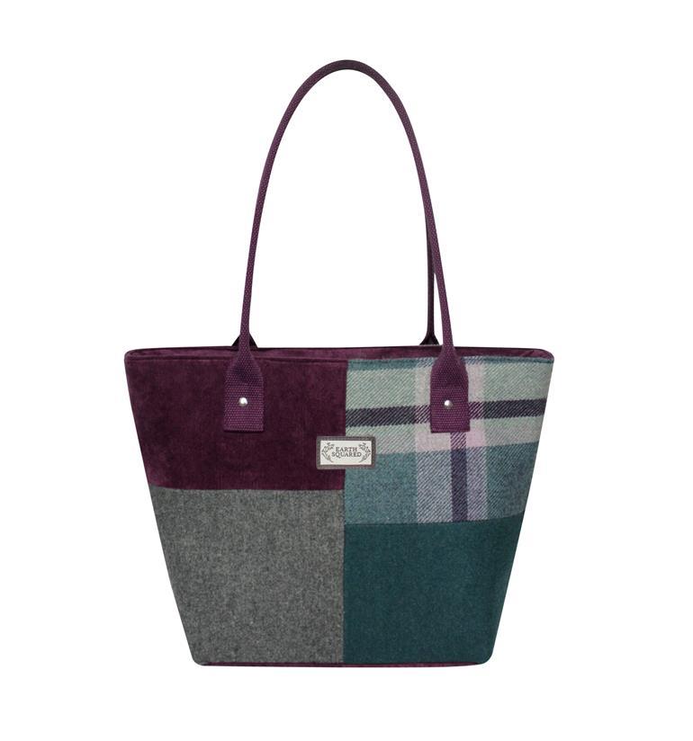 Earth Squared - Patchwork Tote Shoulder Bag - Stockbridge Tweed Wool - Burgandy/Green - 38x25x14cm
