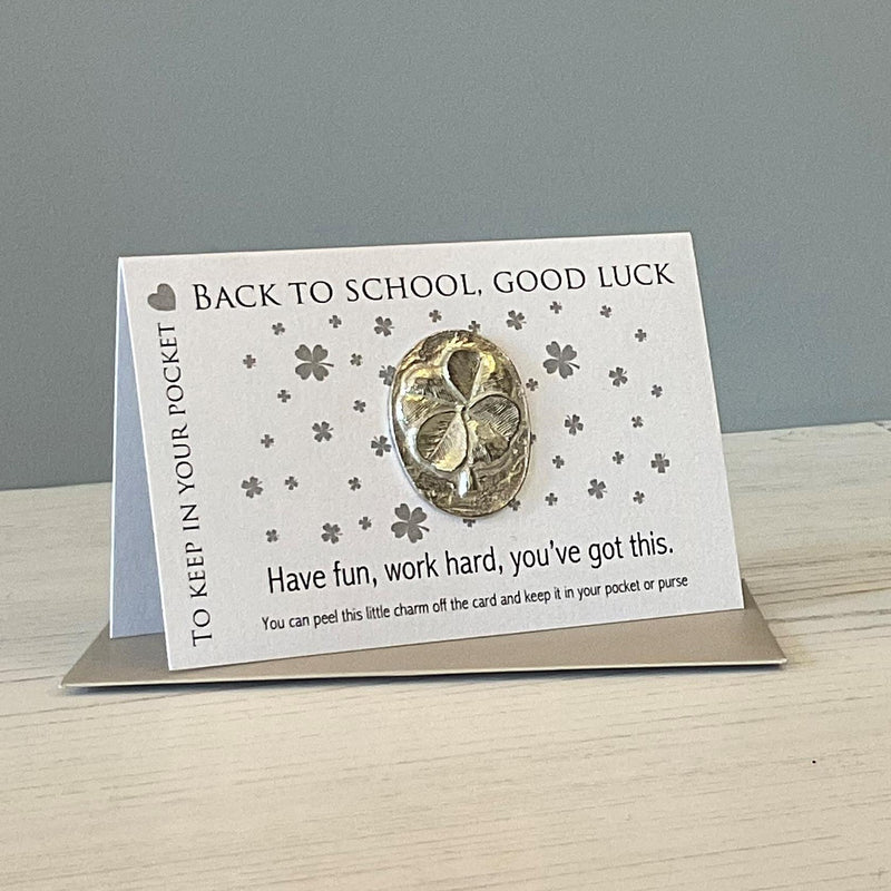 Back To School Good Luck - Pocket Charm - Pewter Four Leaf Clover/Shamrock - Compton & Clarke