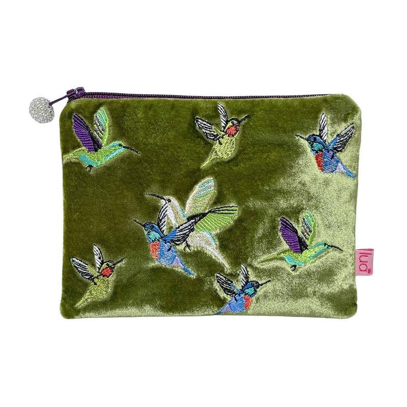 Lua - Velvet Coin Purse - Hummingbirds - 11 x 16cms - Olive Green