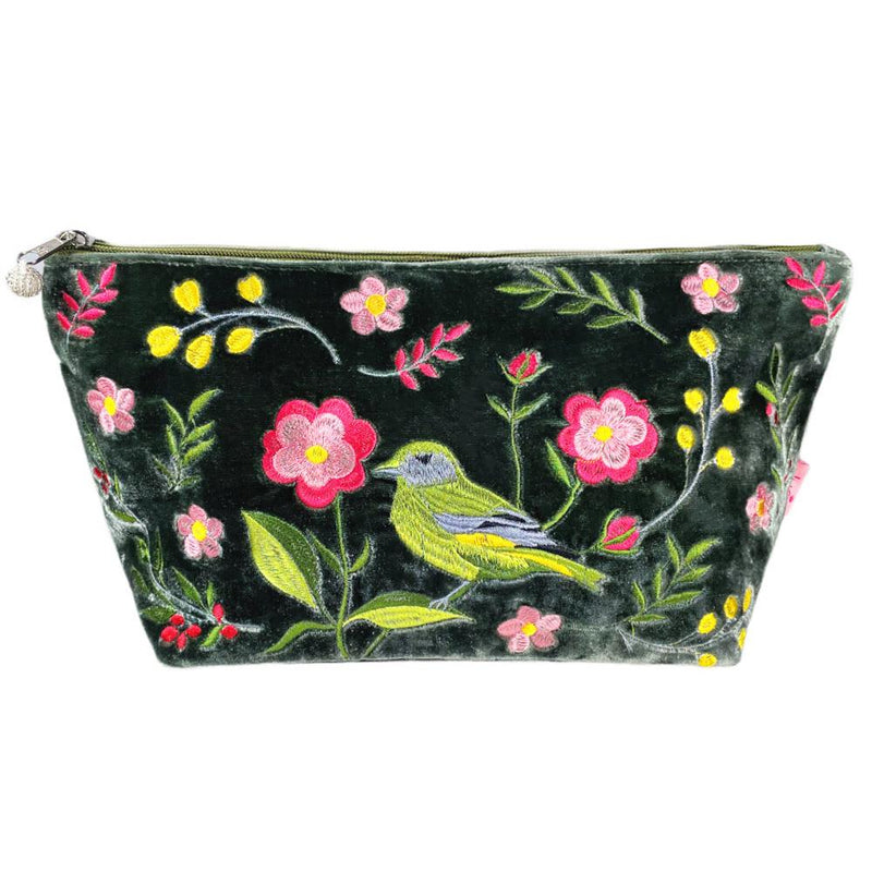 Lua - Extra Large Velvet Cosmetic Make Up Bag/Purse - Greenfinch Bird & Flowers- 18 x 14cms - Dark Sage Green