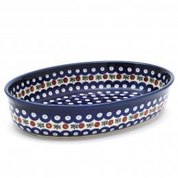 Oval Dish - Flower Tendril/Blue With Red & White Spots - 31x21.5x6cms - 0297-0070X - Polish Pottery