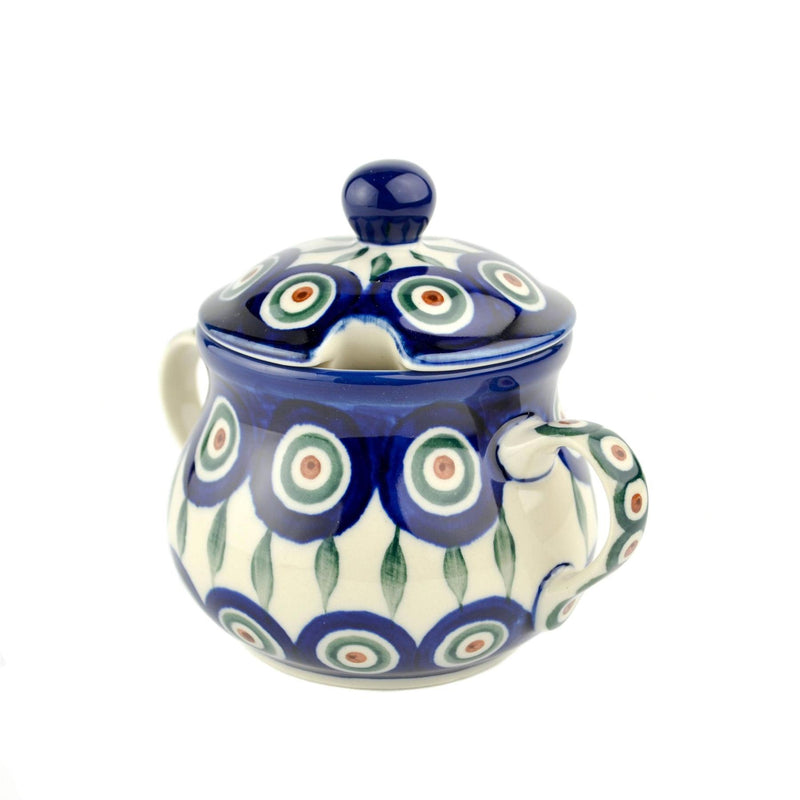 Sugar Bowl With Lid - Green, Red & White Spots - Peacock - 9x12x8.5cms - 0035-0054X - Polish Pottery
