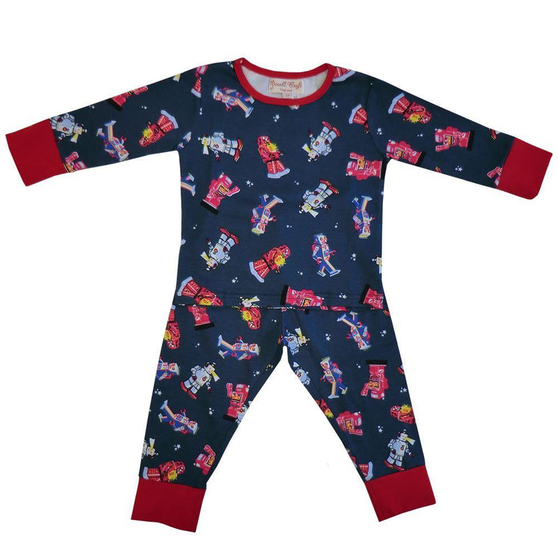 100% Cotton Knit Pyjamas - Beautifully Soft - Robots - Powell Craft - Age 8-9 (US 10